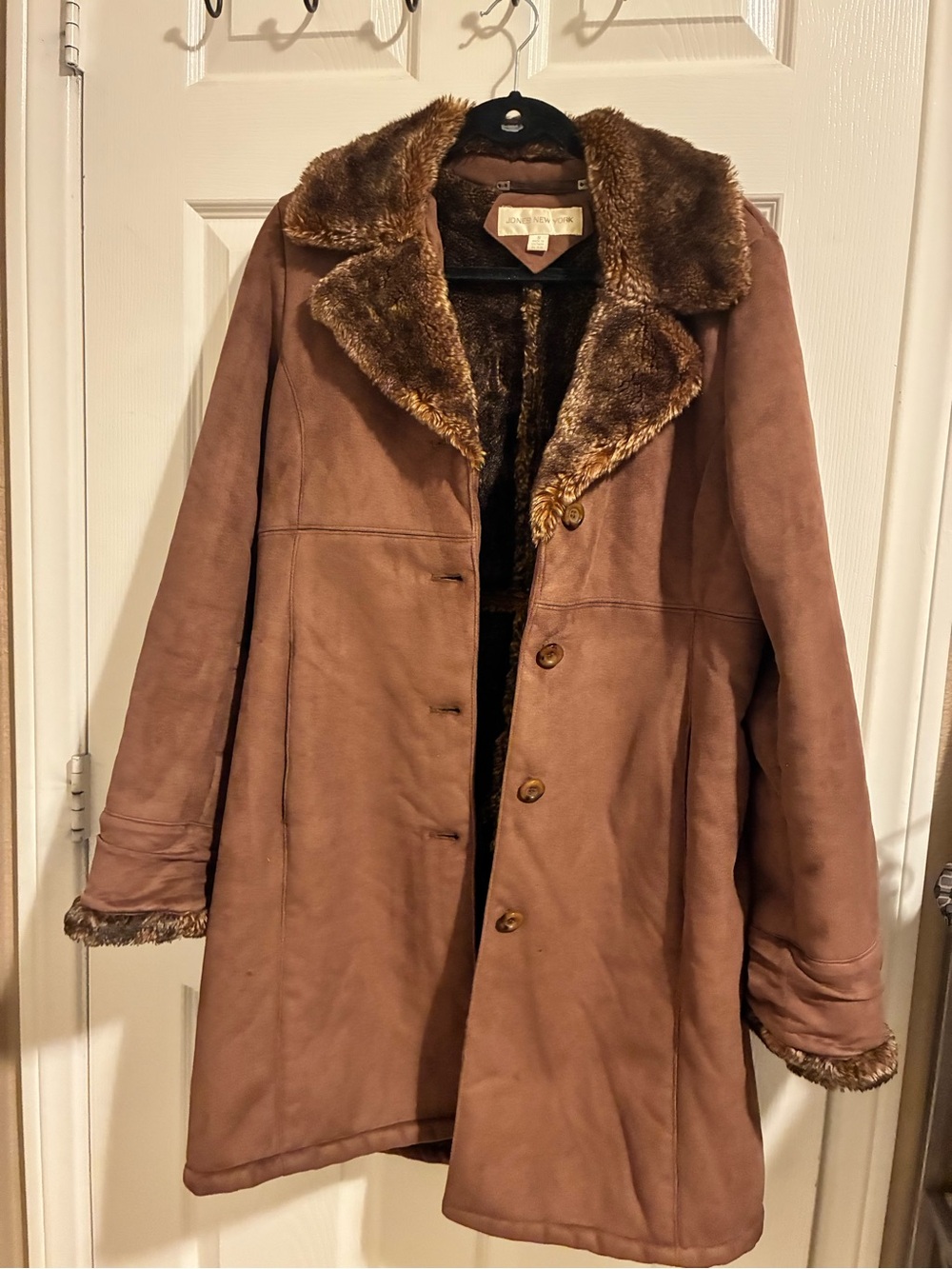 Jones New York Brown Faux Shearling Trench Coat with Fur Trim